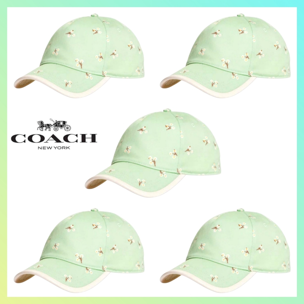 WHOLESALE 5 COACH FLORAL PRINT BASEBALL HATS IN LIGHT GREEN, ADJUSTABLE, RARE!